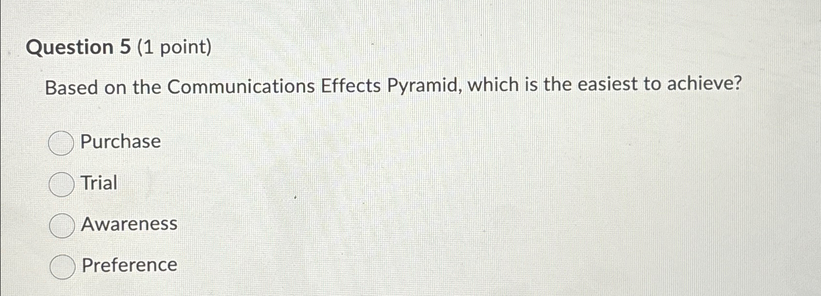  Question 5(1 point) Based on the Communications Effects Pyramid, which is