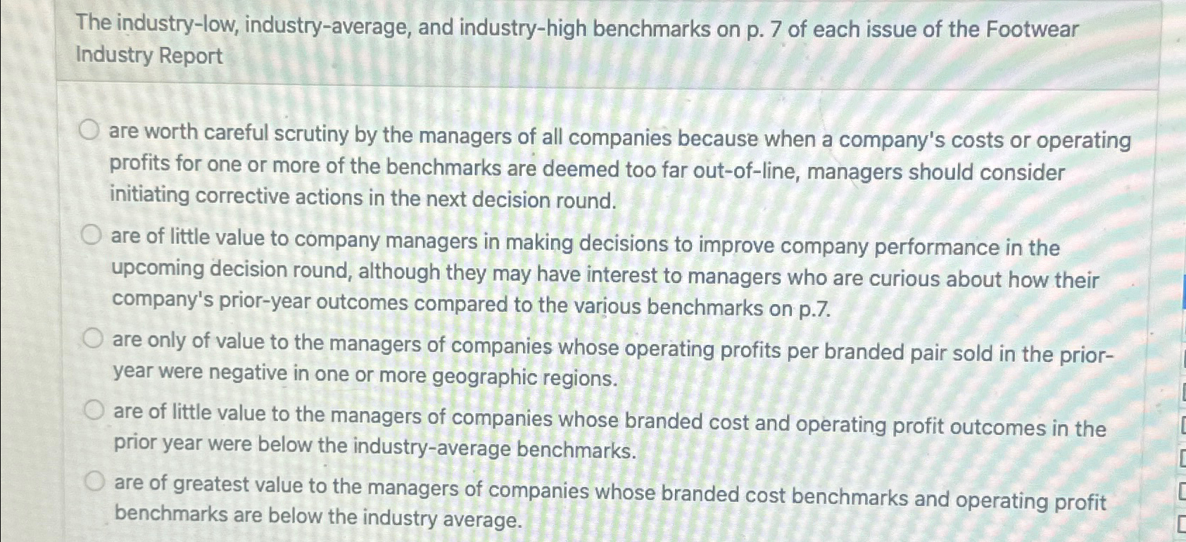  The industry-low, industry-average, and industry-high benchmarks on p.7 of each issue