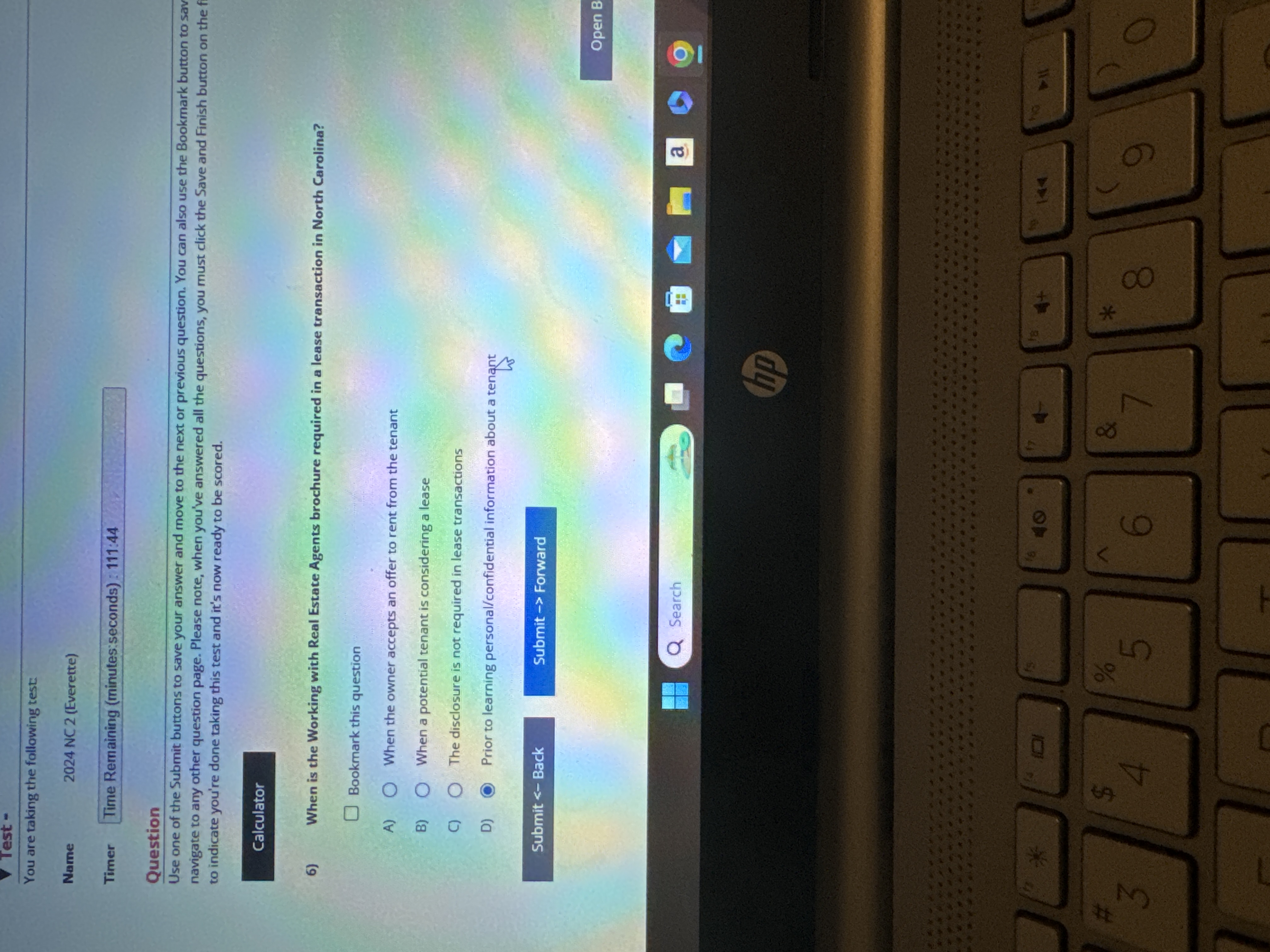  Timer Time Remaining (minutes:seconds) : 111:44 Question Use one of the