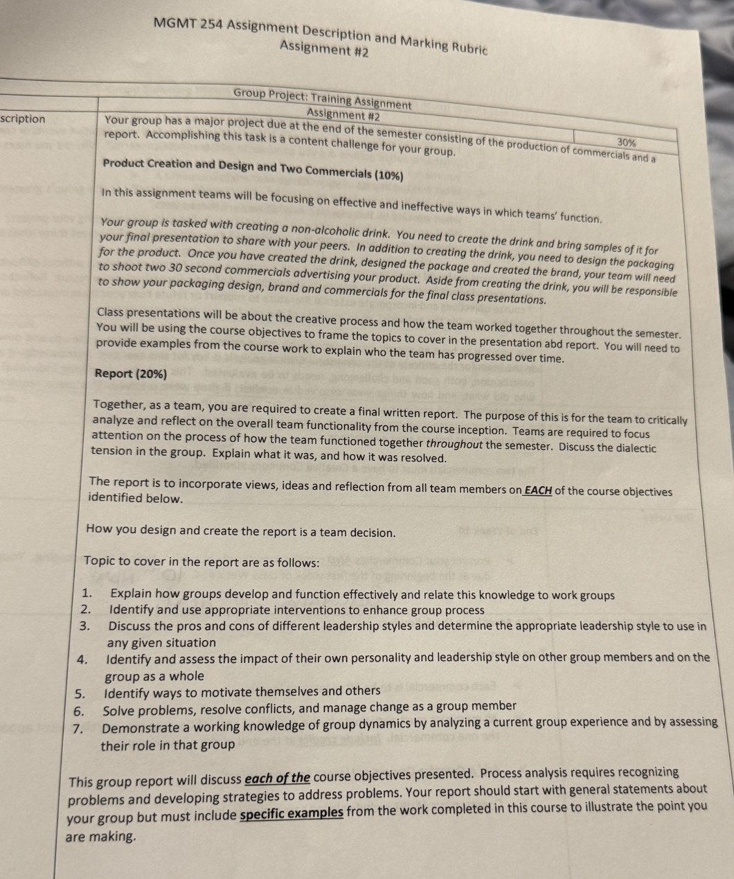  MGMT 254 Assignment Description and Marking Rubric Assignment #2 You will