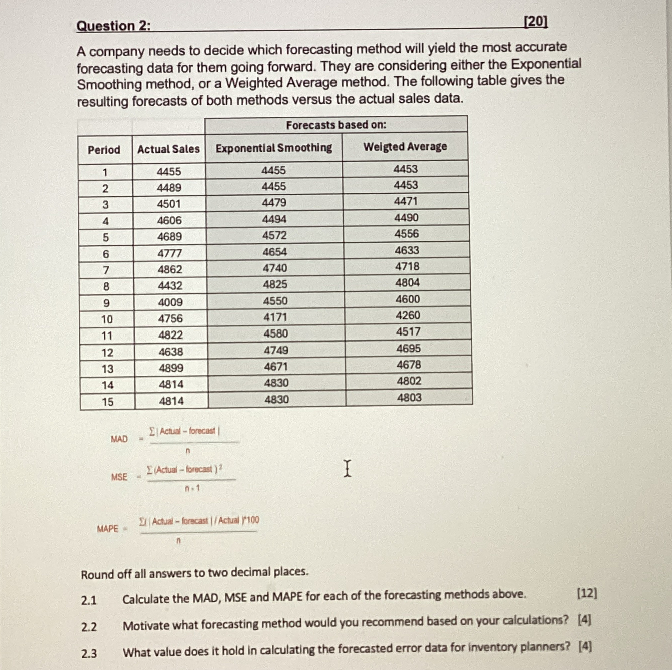  Question 2: [20] A company needs to decide which forecasting method