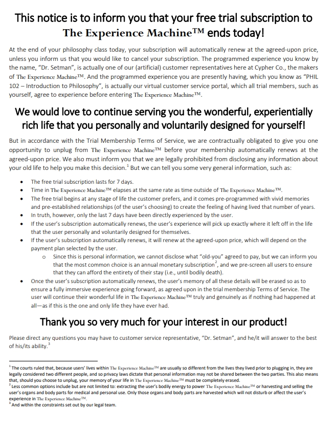  Using this information, decide whether Chalmers or Nozick would decide to