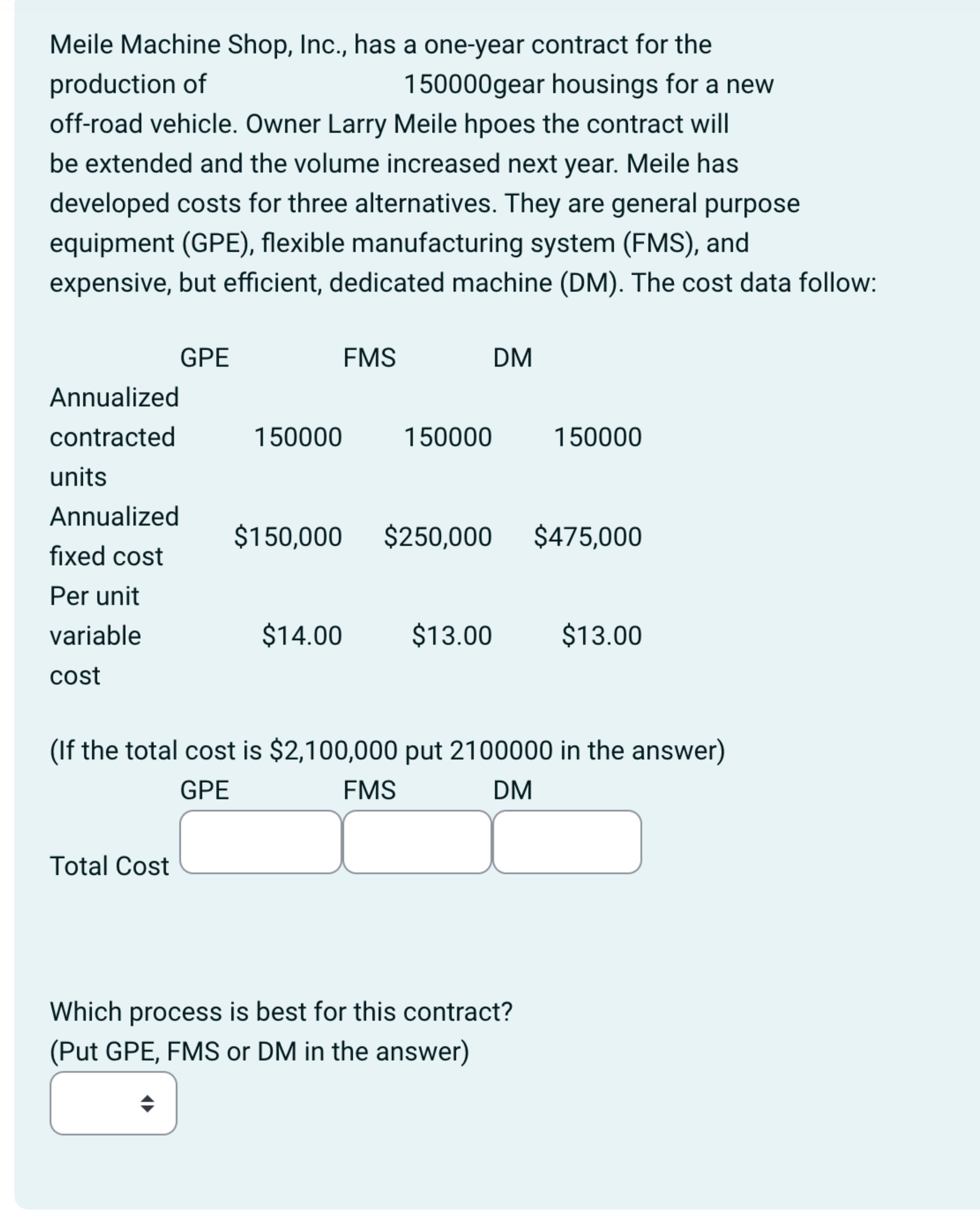  Meile Machine Shop, Inc., has a one-year contract for the production