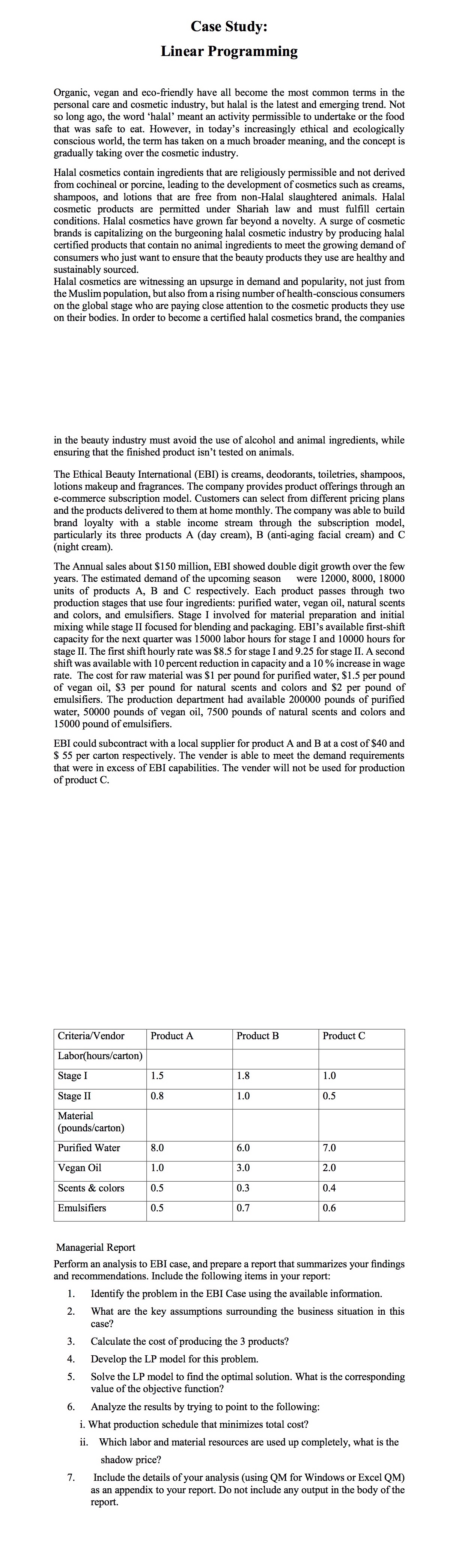  Case Study: Linear Programming Organic, vegan and eco-friendly have all become