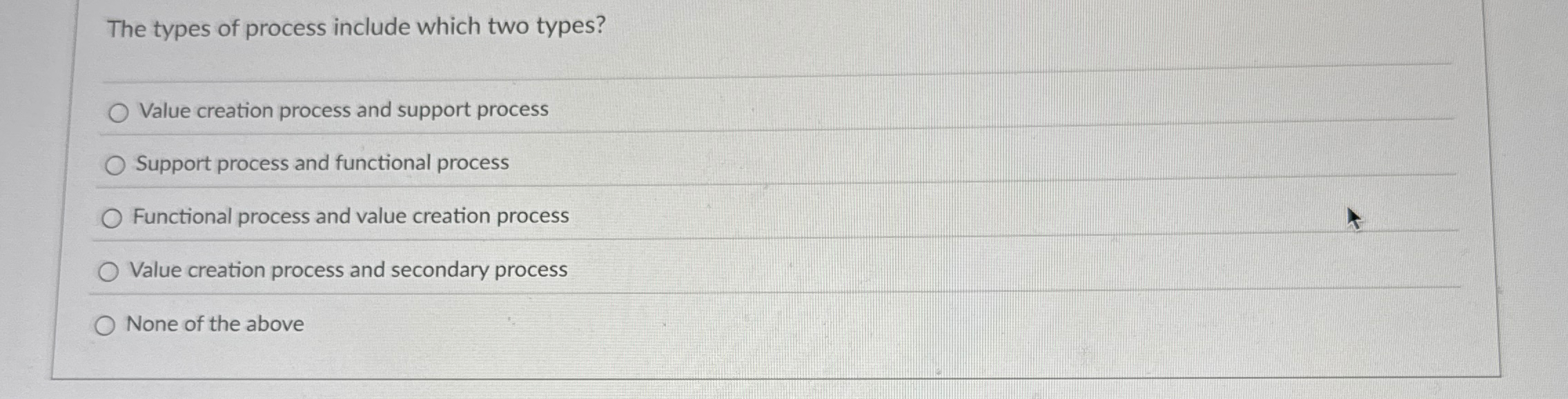  The types of process include which two types? Value creation process