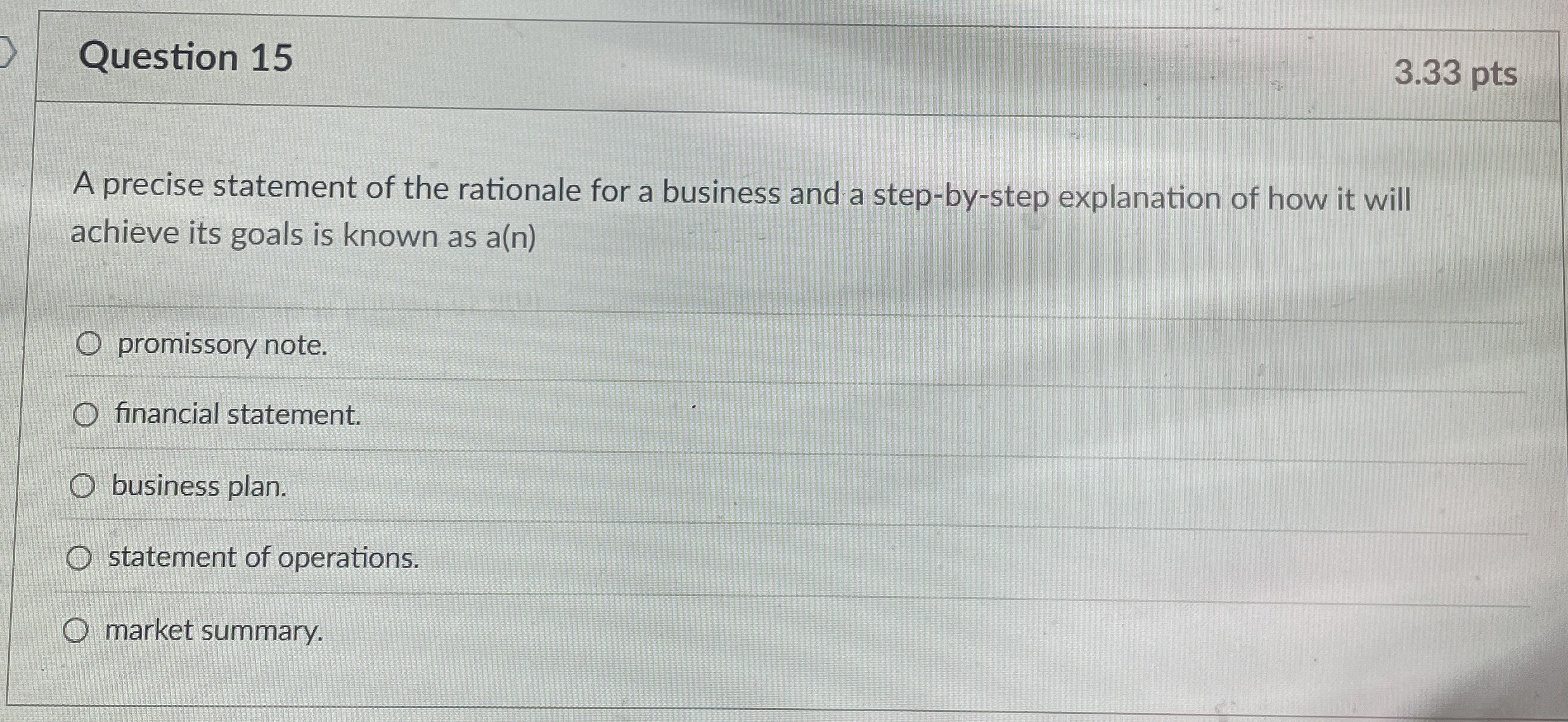  Question 15 3.33 pts A precise statement of the rationale for
