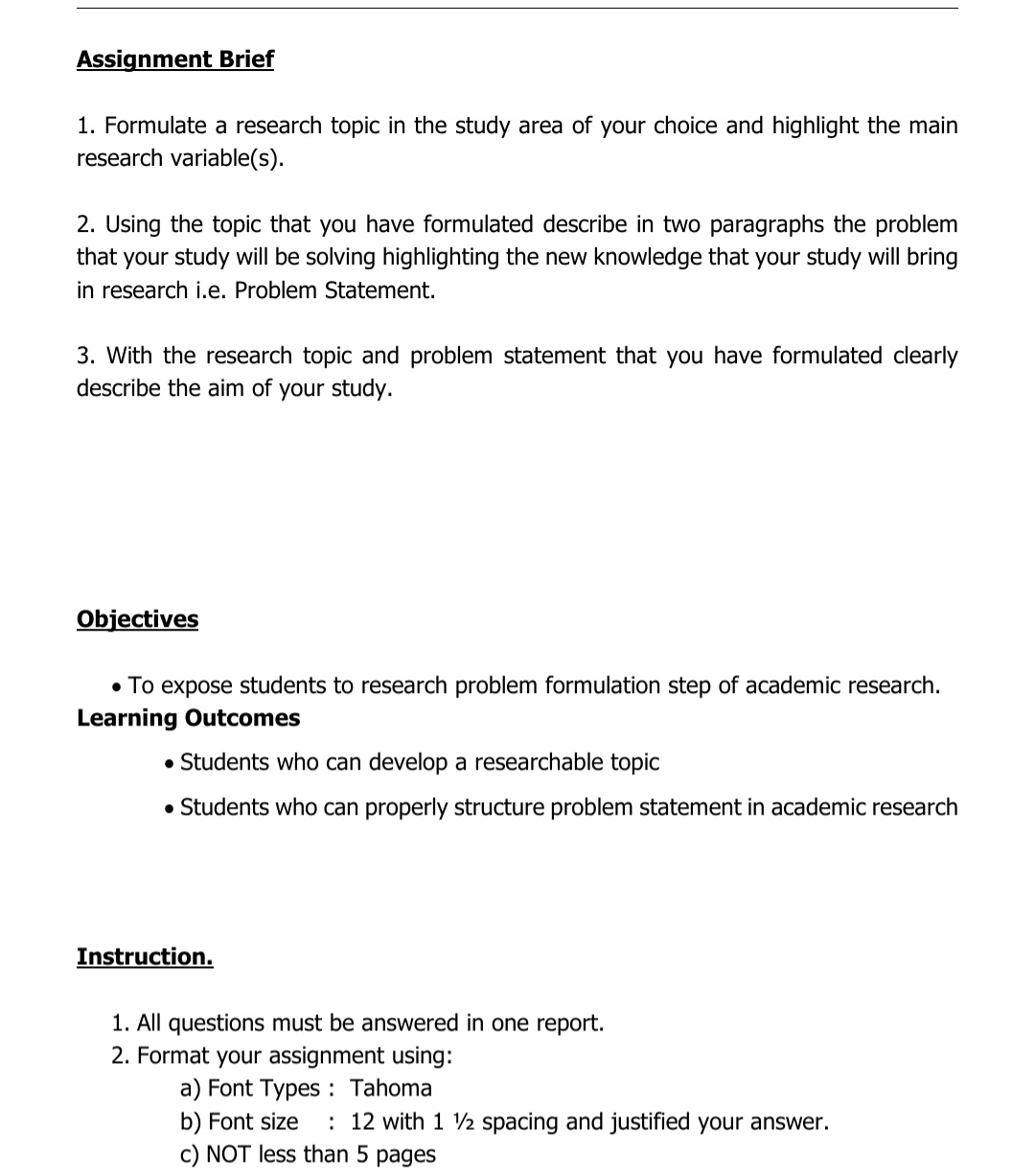  Assignment Brief Formulate a research topic in the study area of