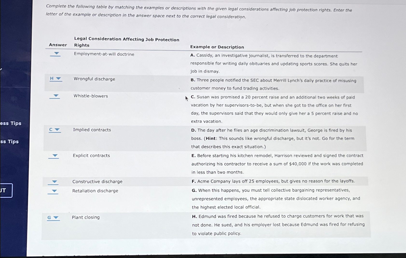  Complete the following table by matching the examples or descriptions with