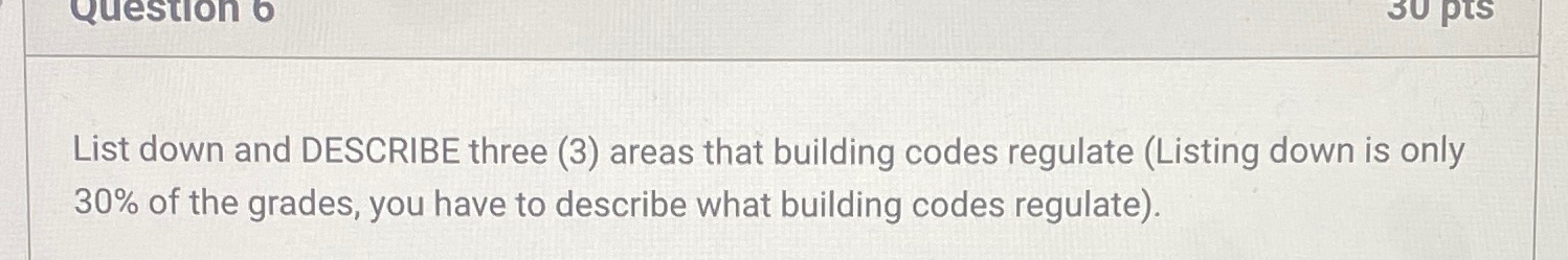  List down and DESCRIBE three (3) areas that building codes regulate