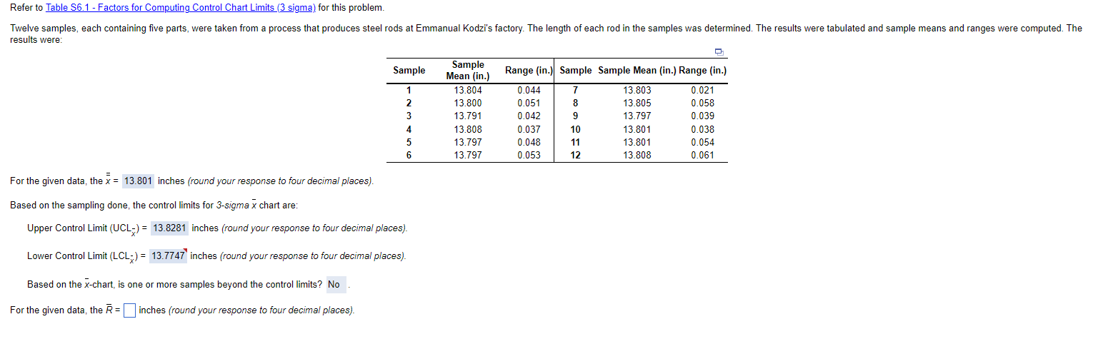  Refer to Table $6.1?bar(x)=13.801 inches (round your response to four decimal
