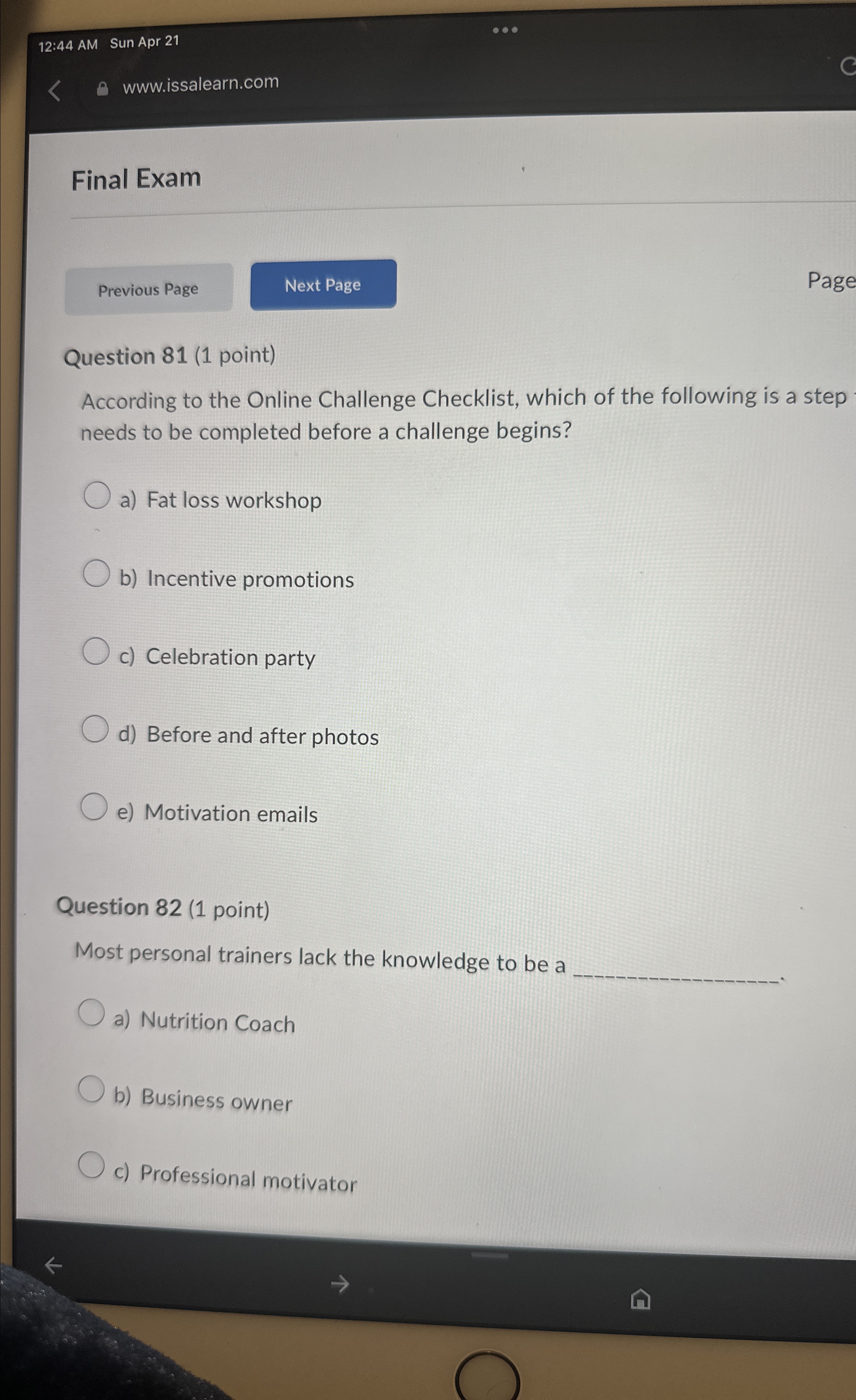  12:44 AM Sun Apr 21 www.issalearn.com Final Exam Page Question 81(1