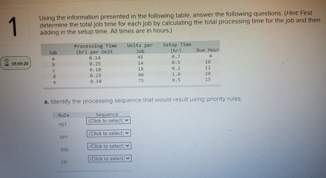  1 Using the information presented in the following table, answer the
