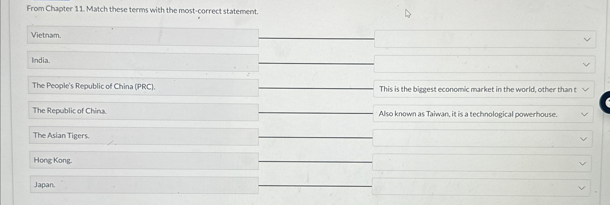  From Chapter 11. Match these terms with the most-correct statement. Vietnam.
