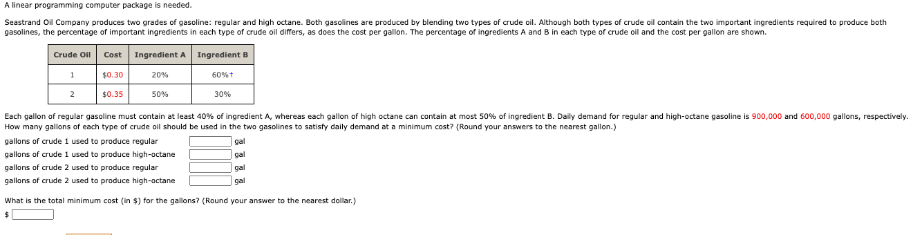  A linear programming computer package is needed. gasolines, the percentage of