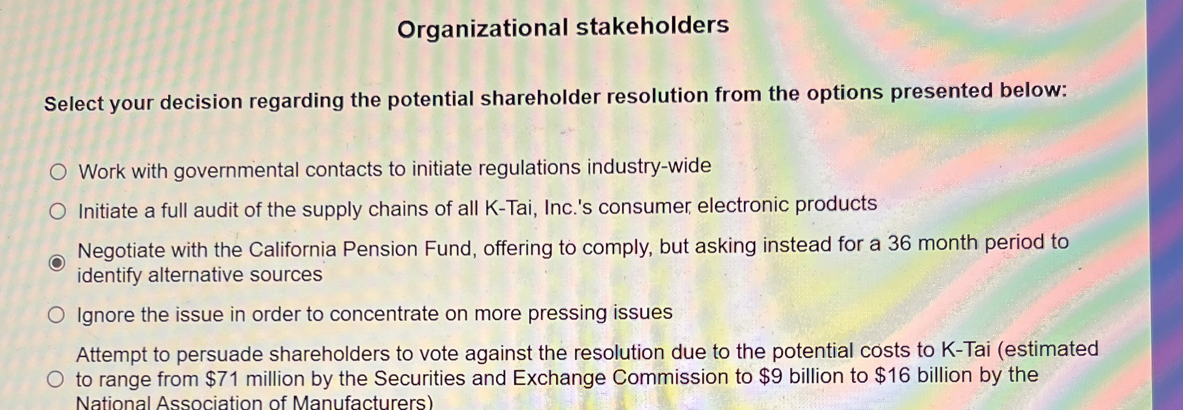 Organizational stakeholders Select your decision regarding the potential shareholder resolution from