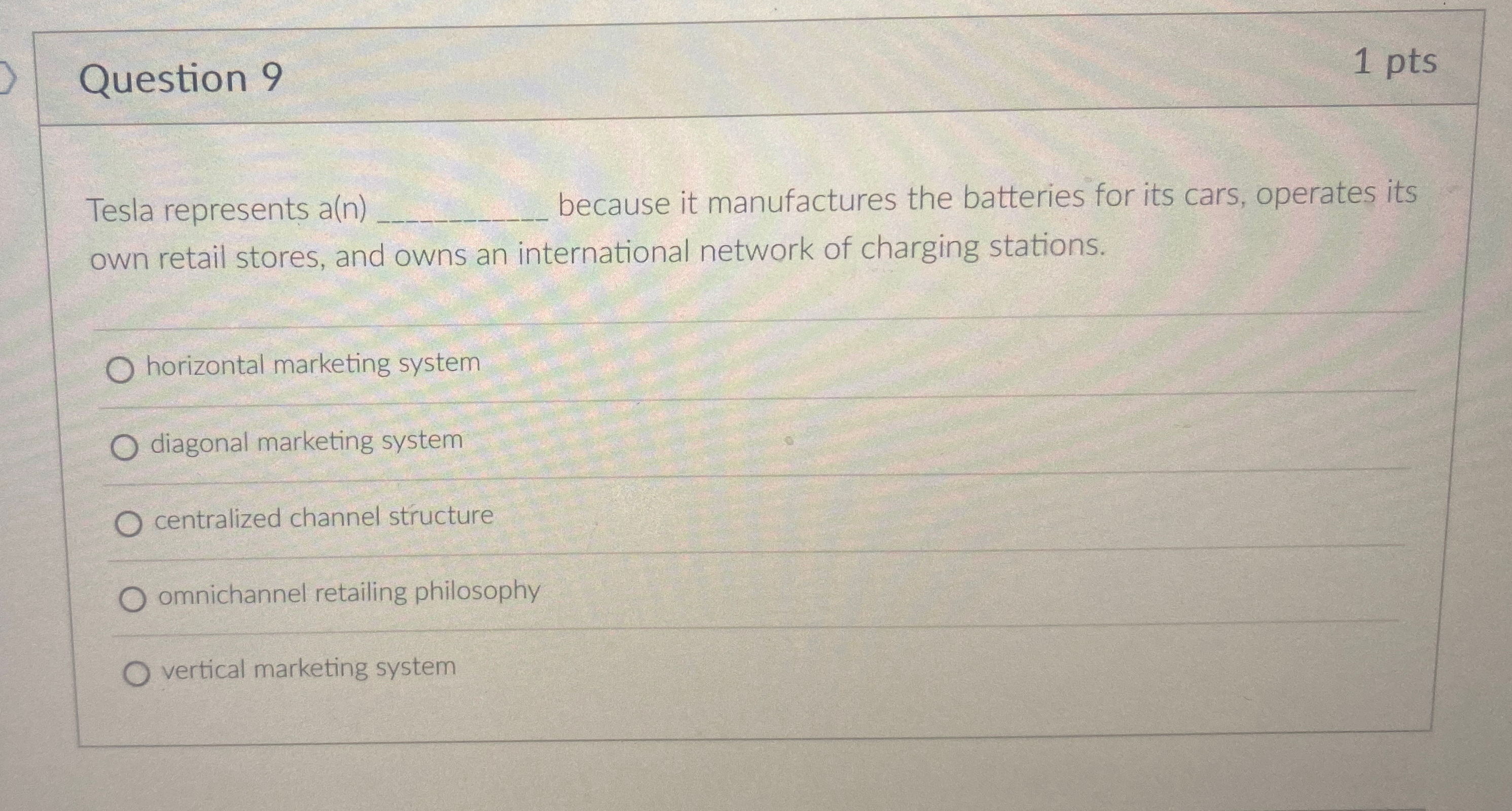  Question 9 1pts Tesla represents a(n) because it manufactures the batteries