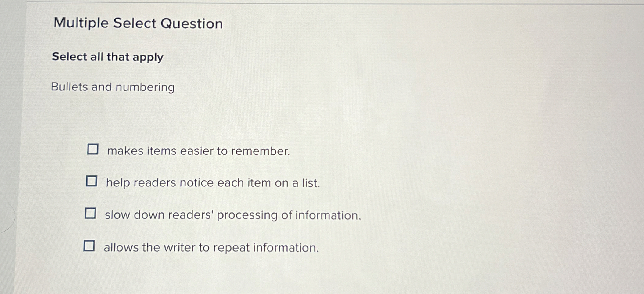  Multiple Select Question Select all that apply Bullets and numbering makes