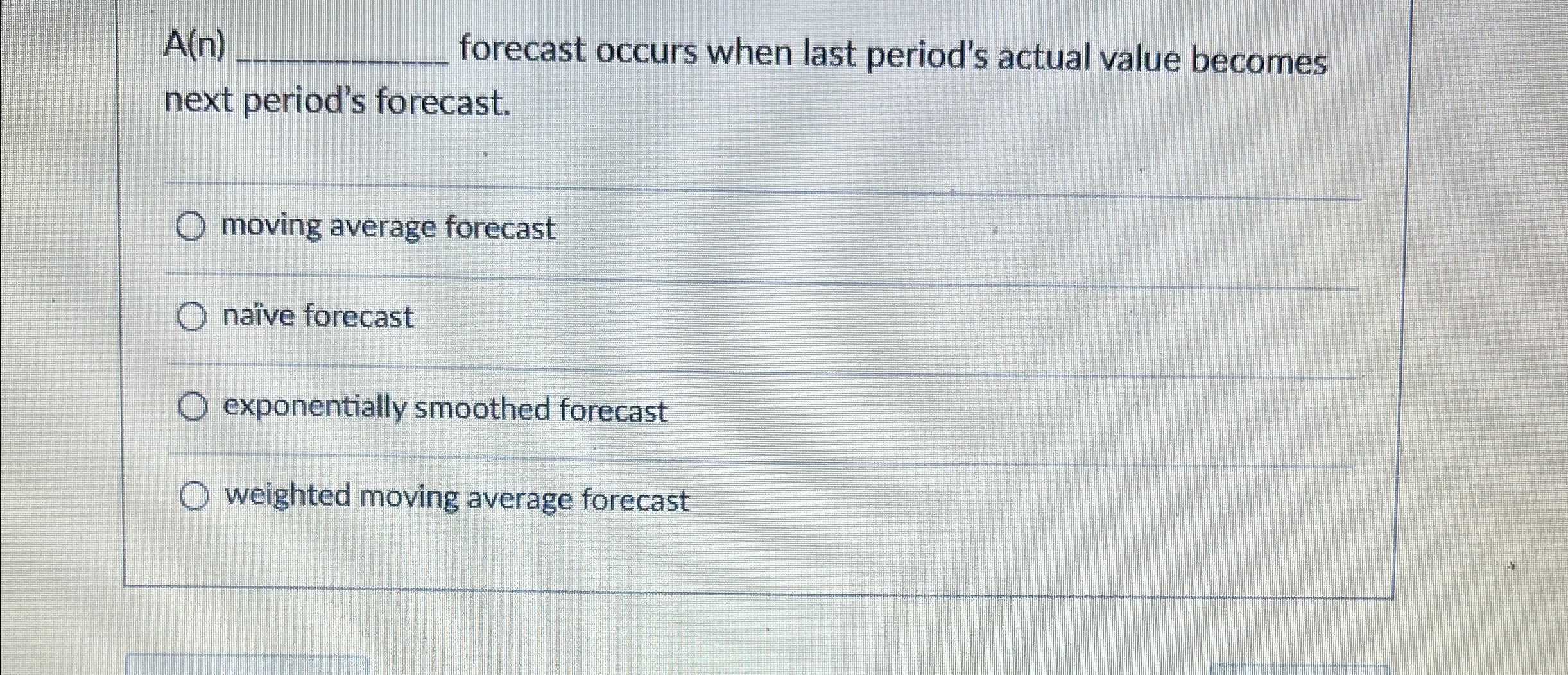  A(n)q, forecast occurs when last period's actual value becomes next period's