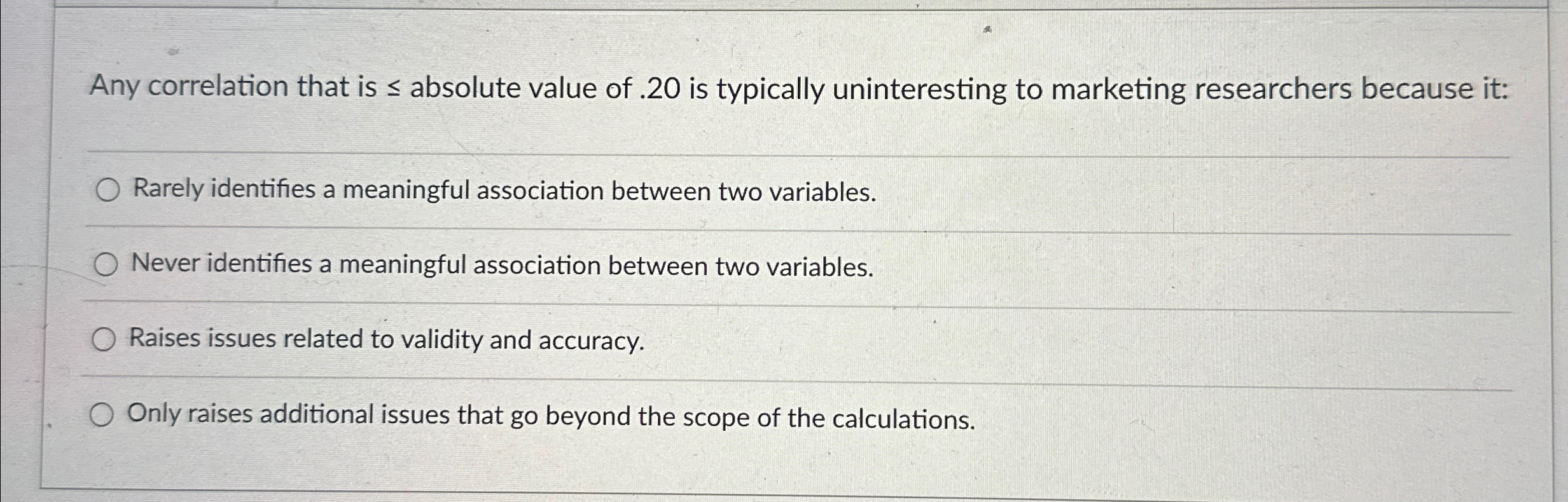  Any correlation that is absolute value of .20 is typically uninteresting
