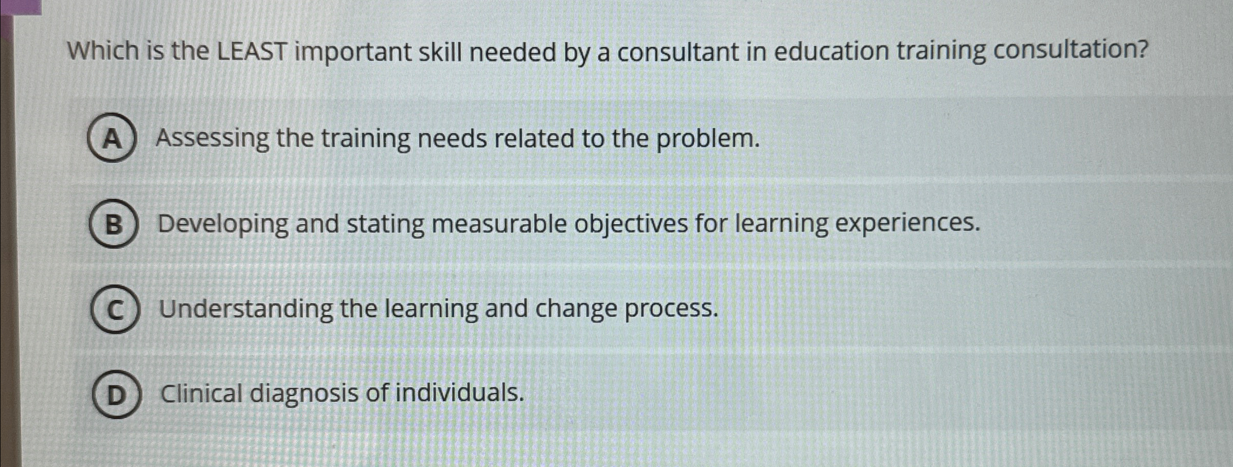  Which is the LEAST important skill needed by a consultant in