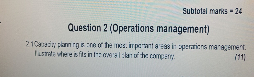  Subtotal marks =24 Question 2(Operations management) 2.1 Capacity planning is one