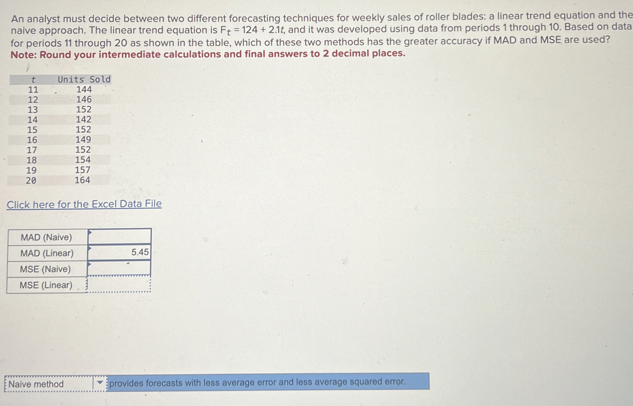  An analyst must decide between two different forecasting techniques for weekly
