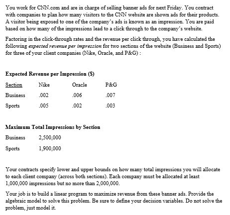  You work for CNN.com and are in charge of selling banner