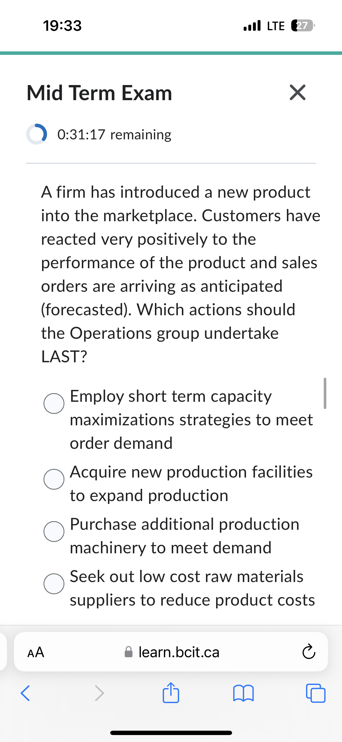  19:33 . III LTE Mid Term Exam 0:31:17 remaining A firm