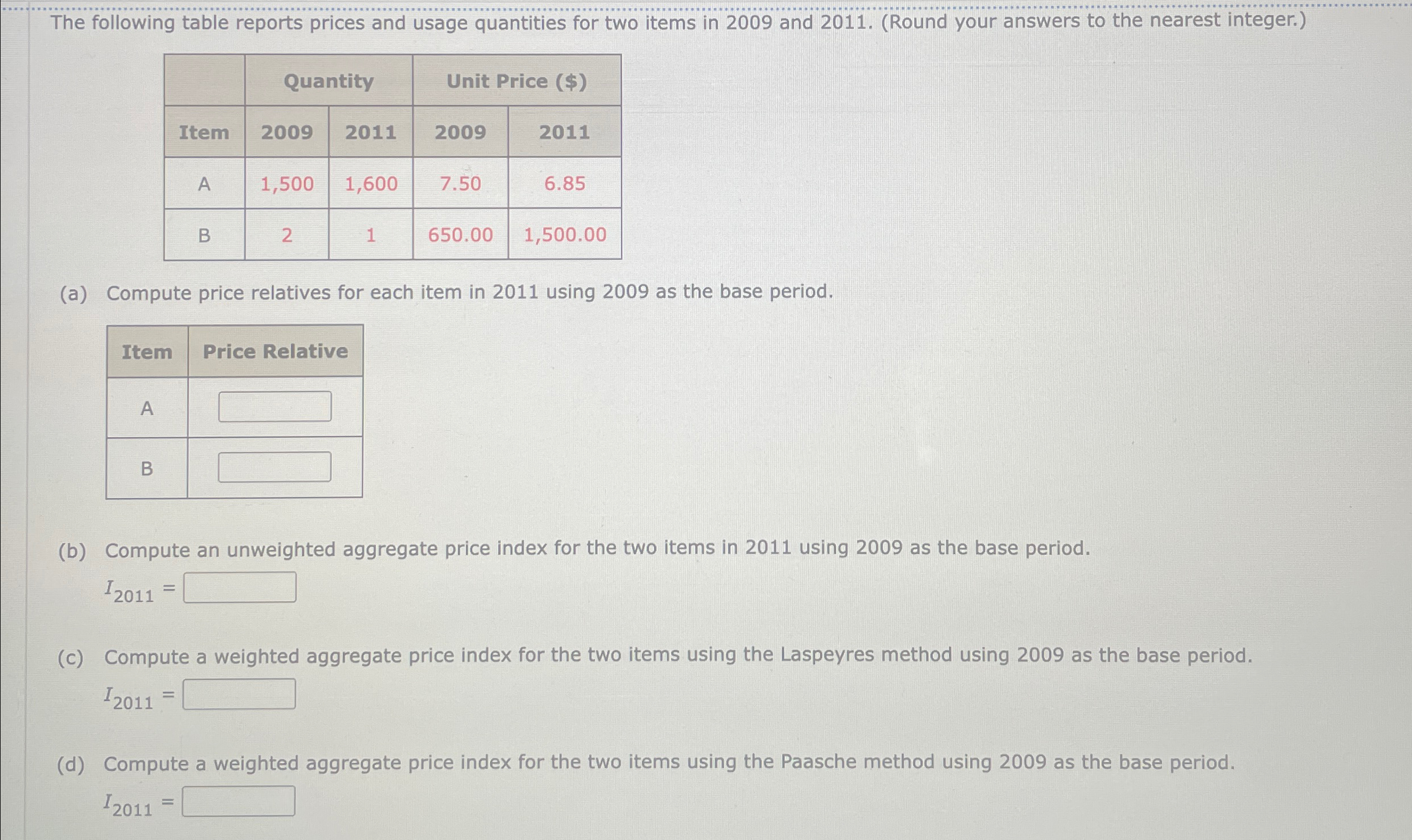  The following table reports prices and usage quantities for two items