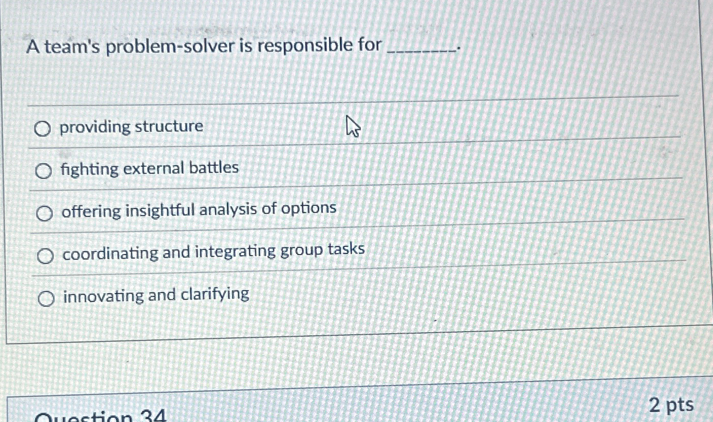  A team's problem-solver is responsible for providing structure fighting external battles
