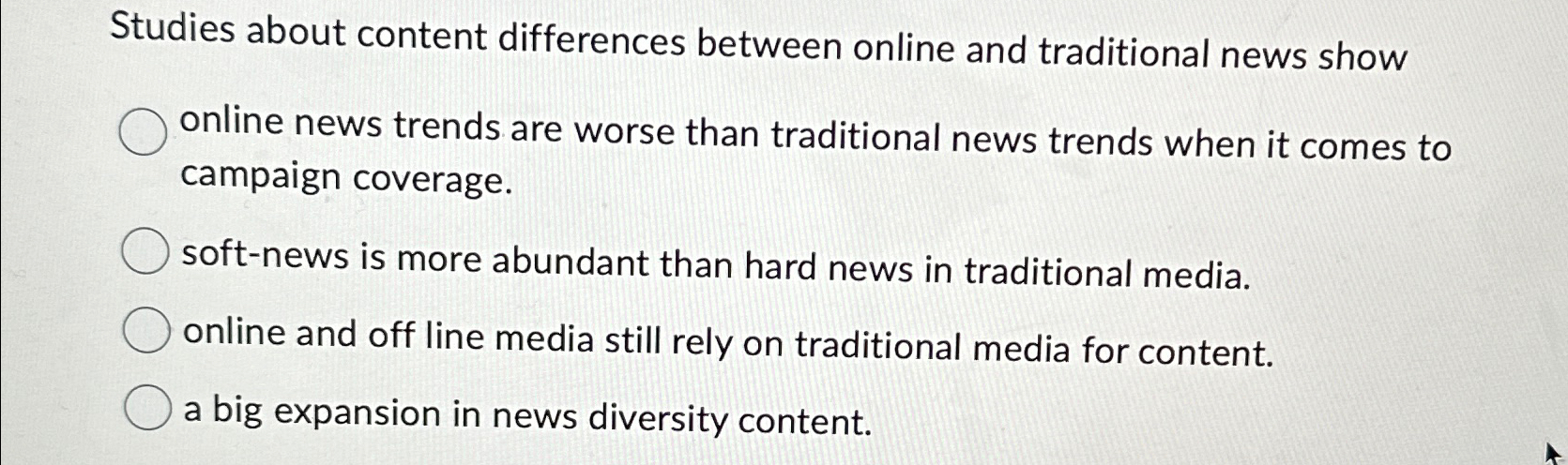  Studies about content differences between online and traditional news show online