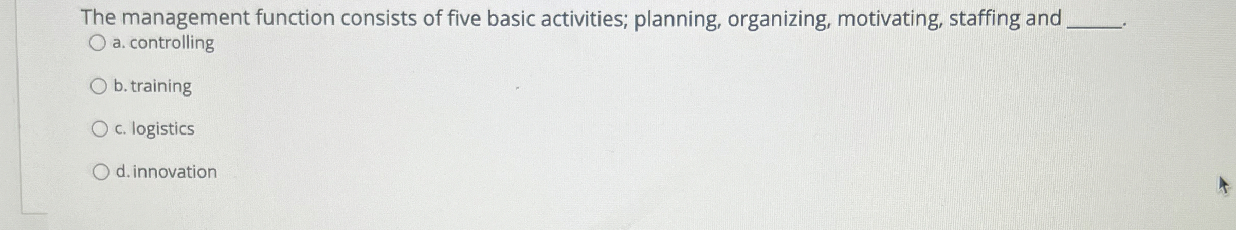  The management function consists of five basic activities; planning, organizing, motivating,
