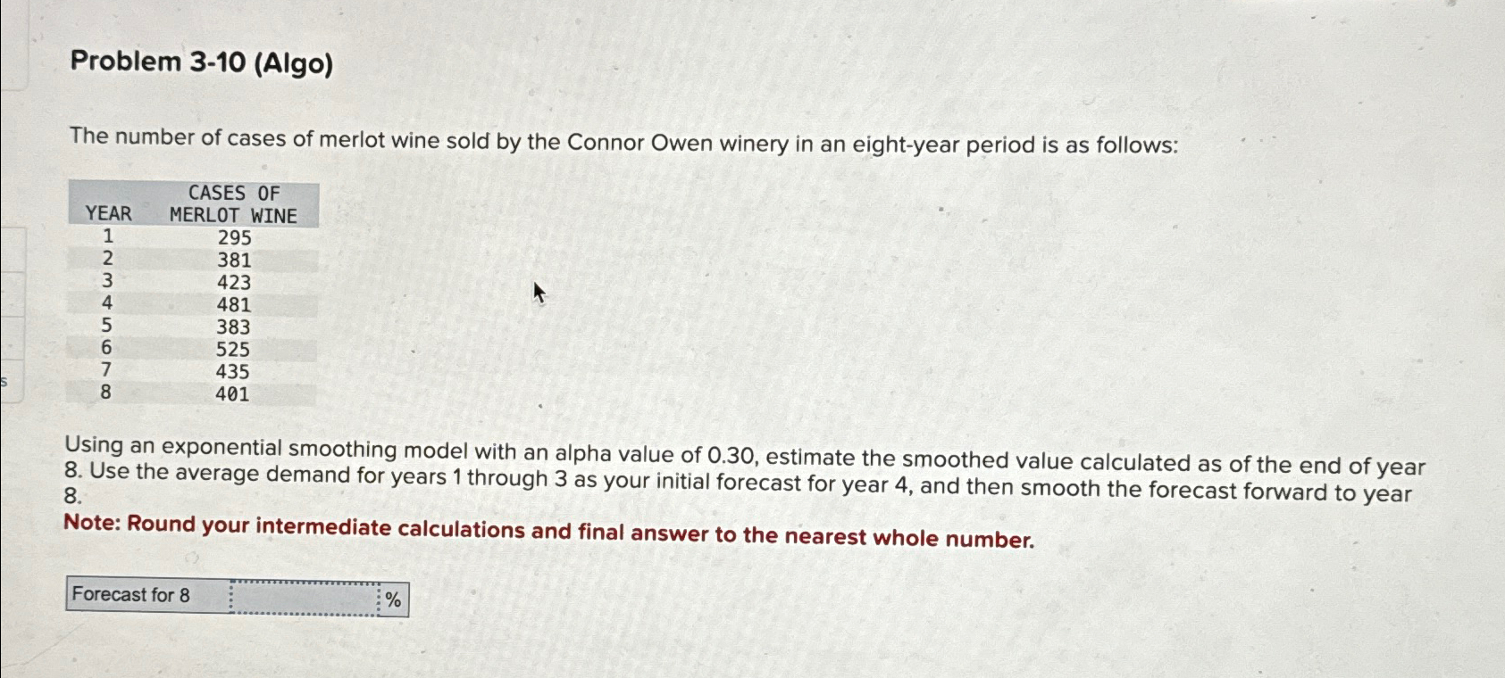  Problem 3-10(Algo) The number of cases of merlot wine sold by