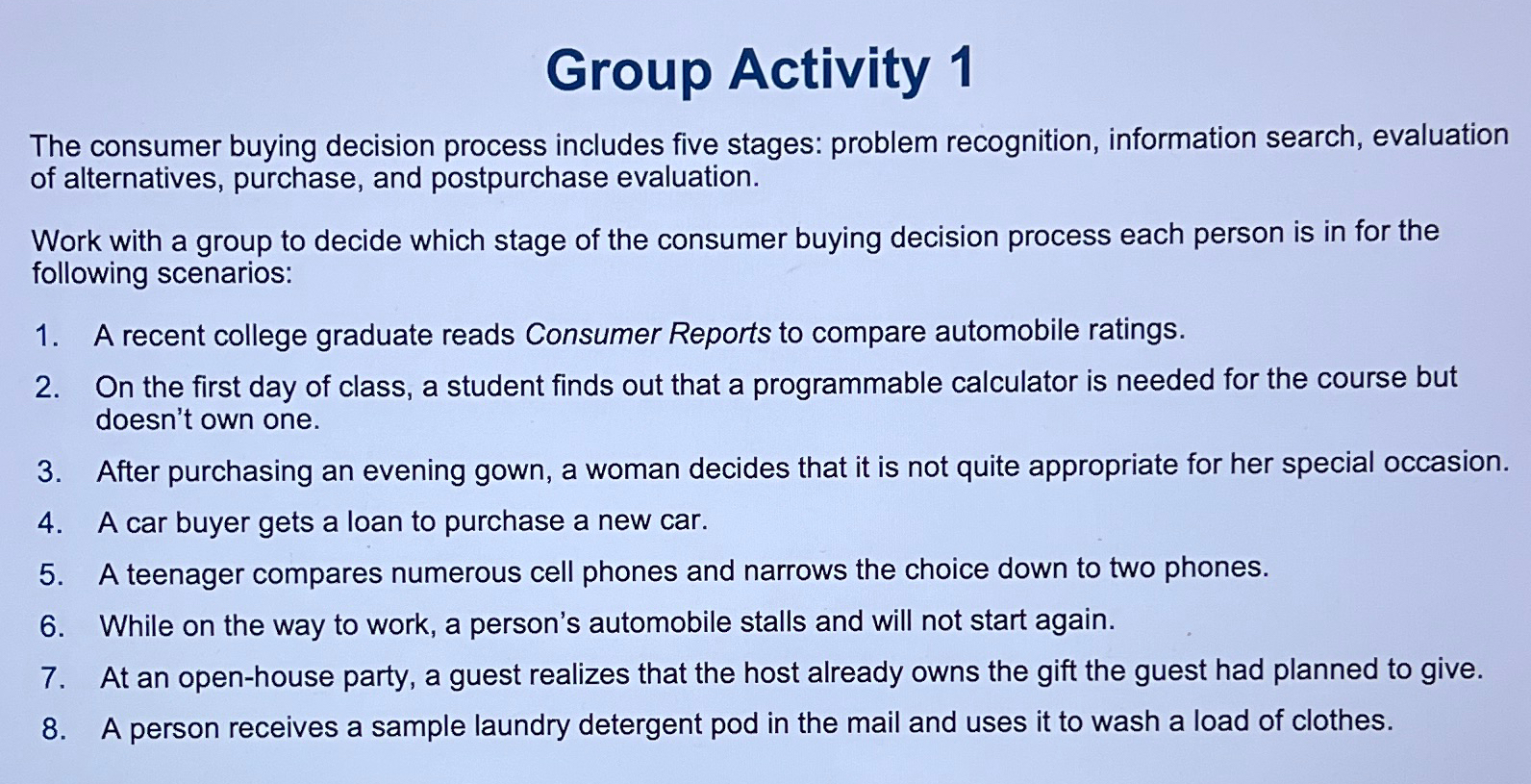  Group Activity 1 The consumer buying decision process includes five stages: