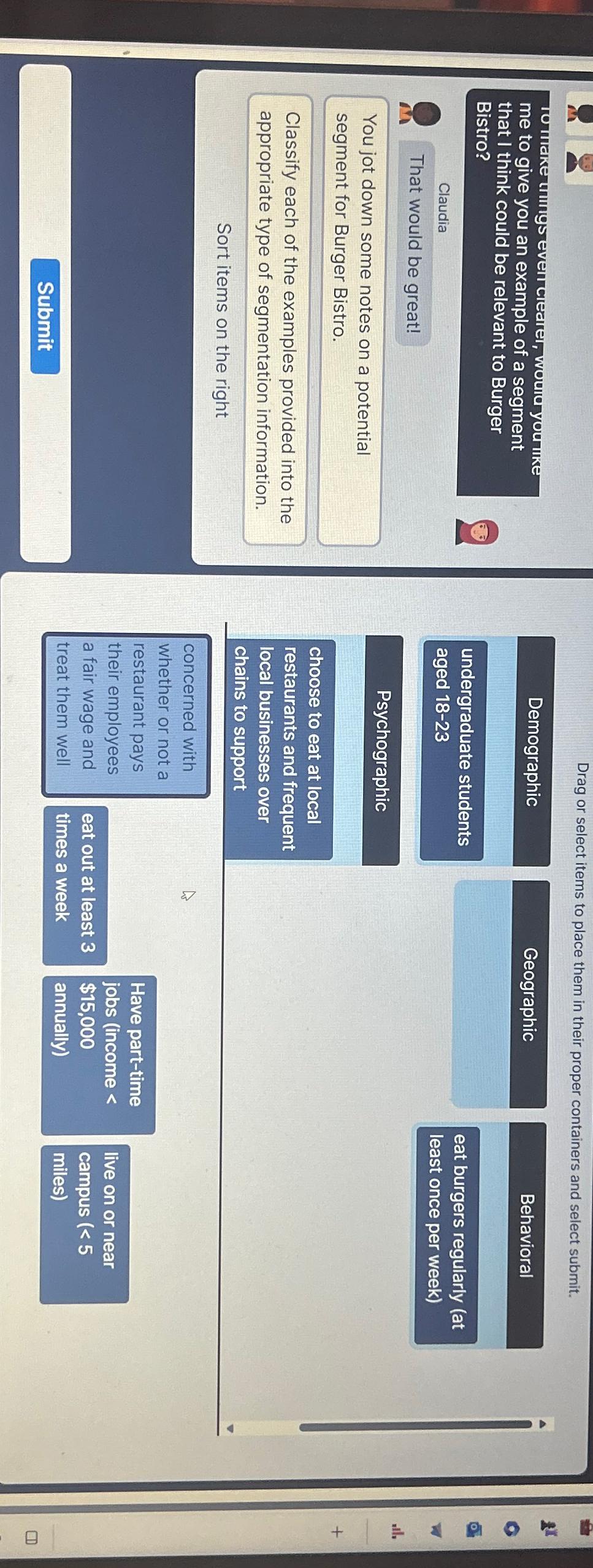  Drag or select items to place them in their proper containers