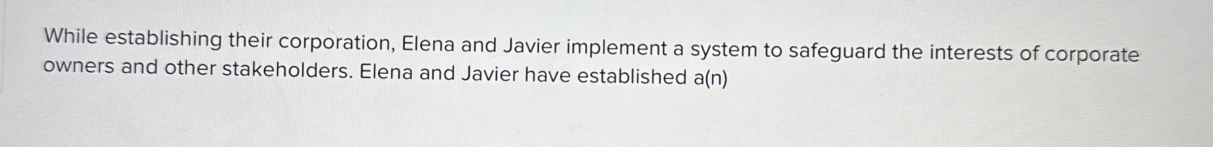  While establishing their corporation, Elena and Javier implement a system to