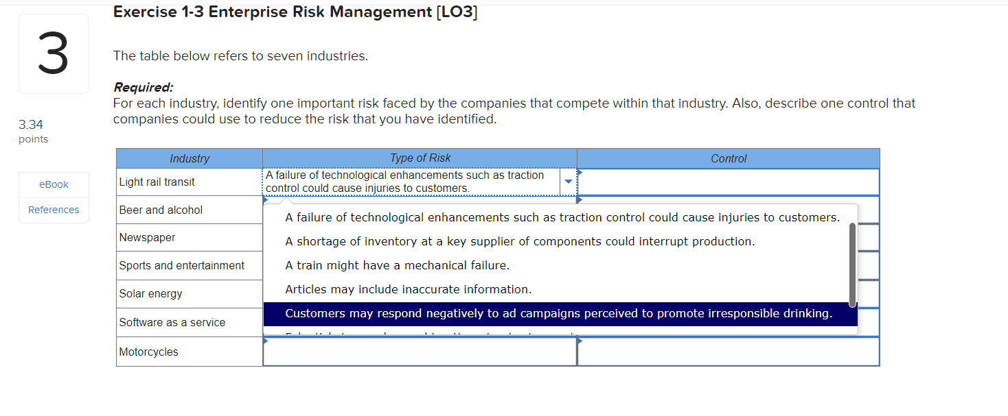  Exercise 1-3 Enterprise Risk Management [LO3] The table below refers to