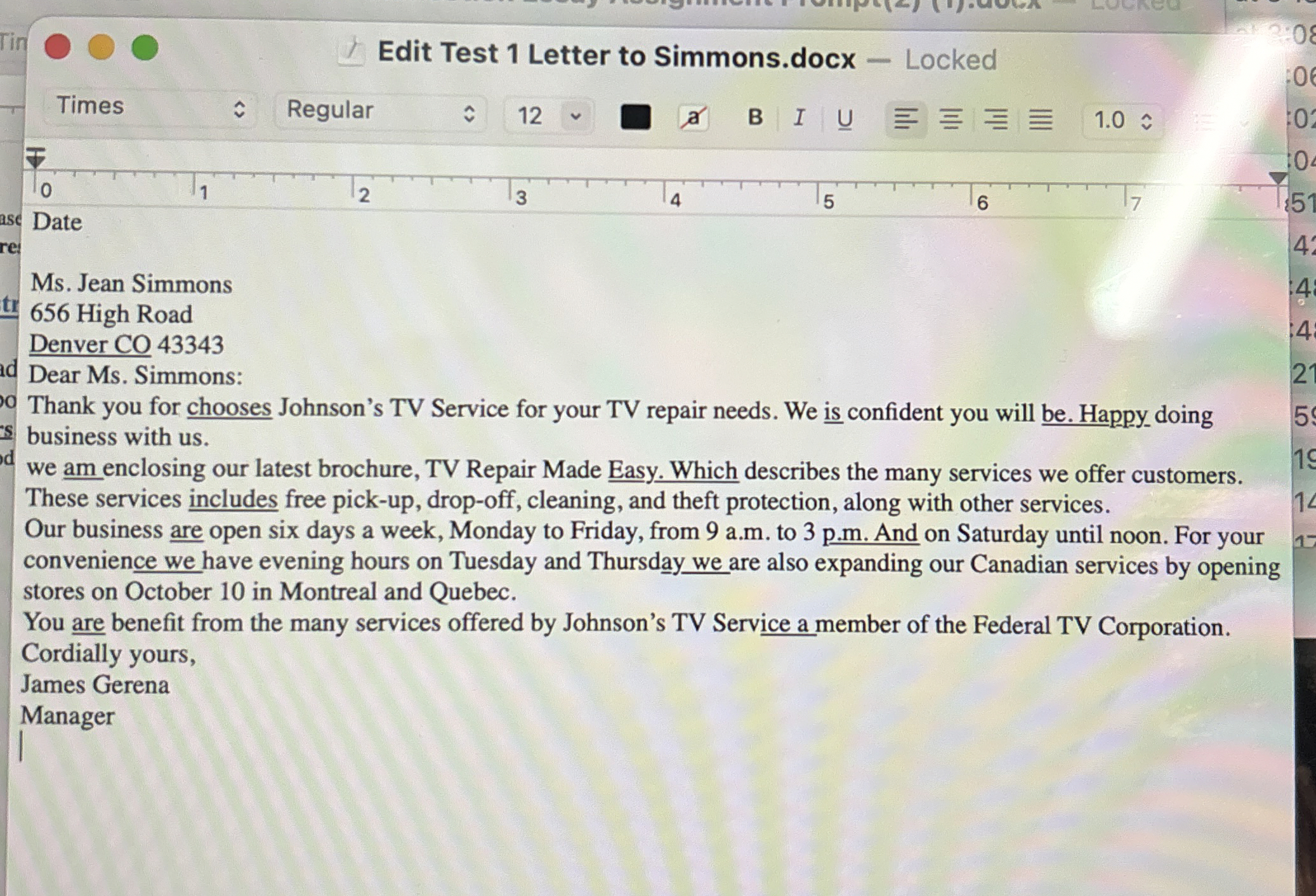  Make corrections to the underlined areas Date Ms. Jean Simmons 656