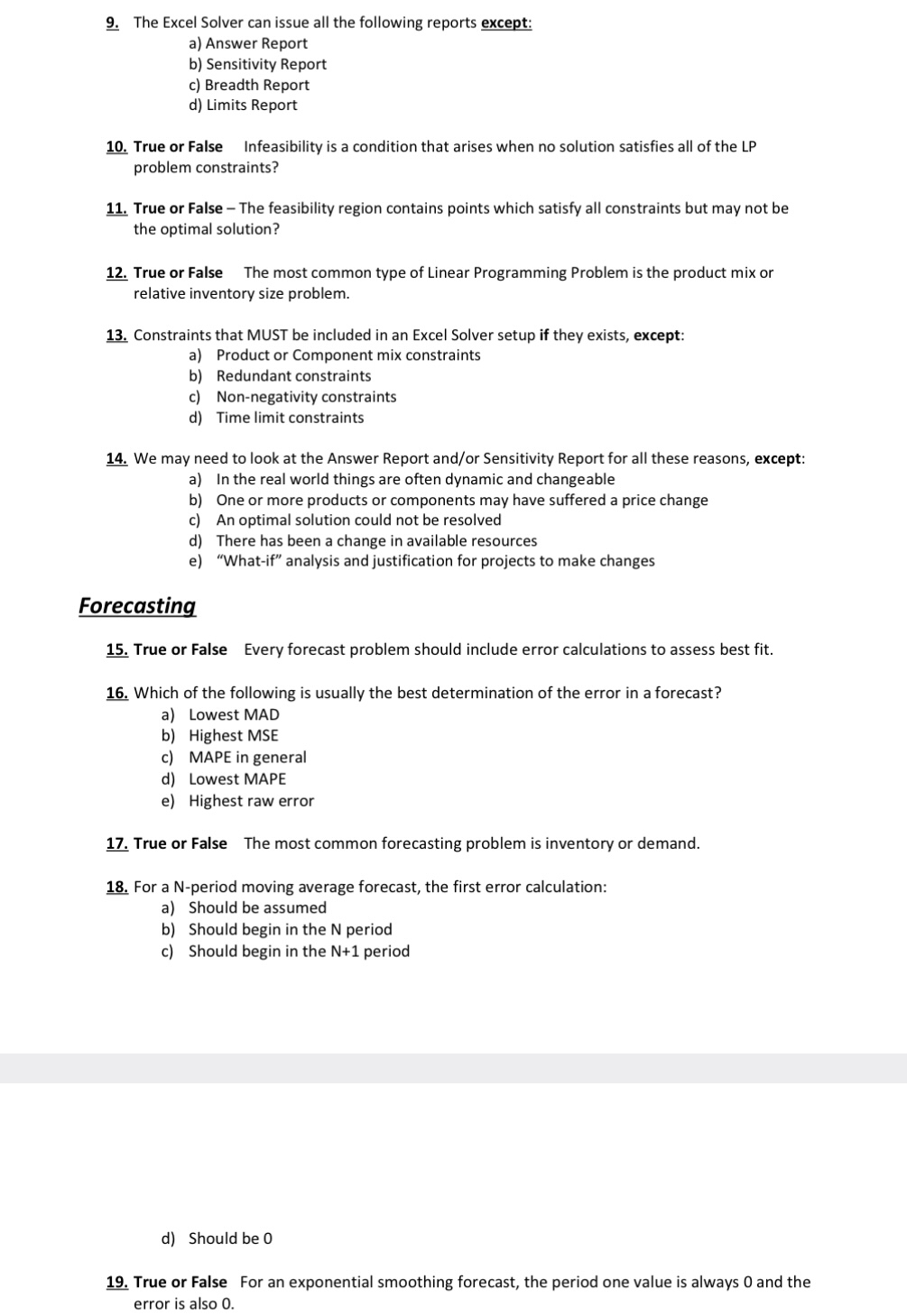  The Excel Solver can issue all the following reports except: a)