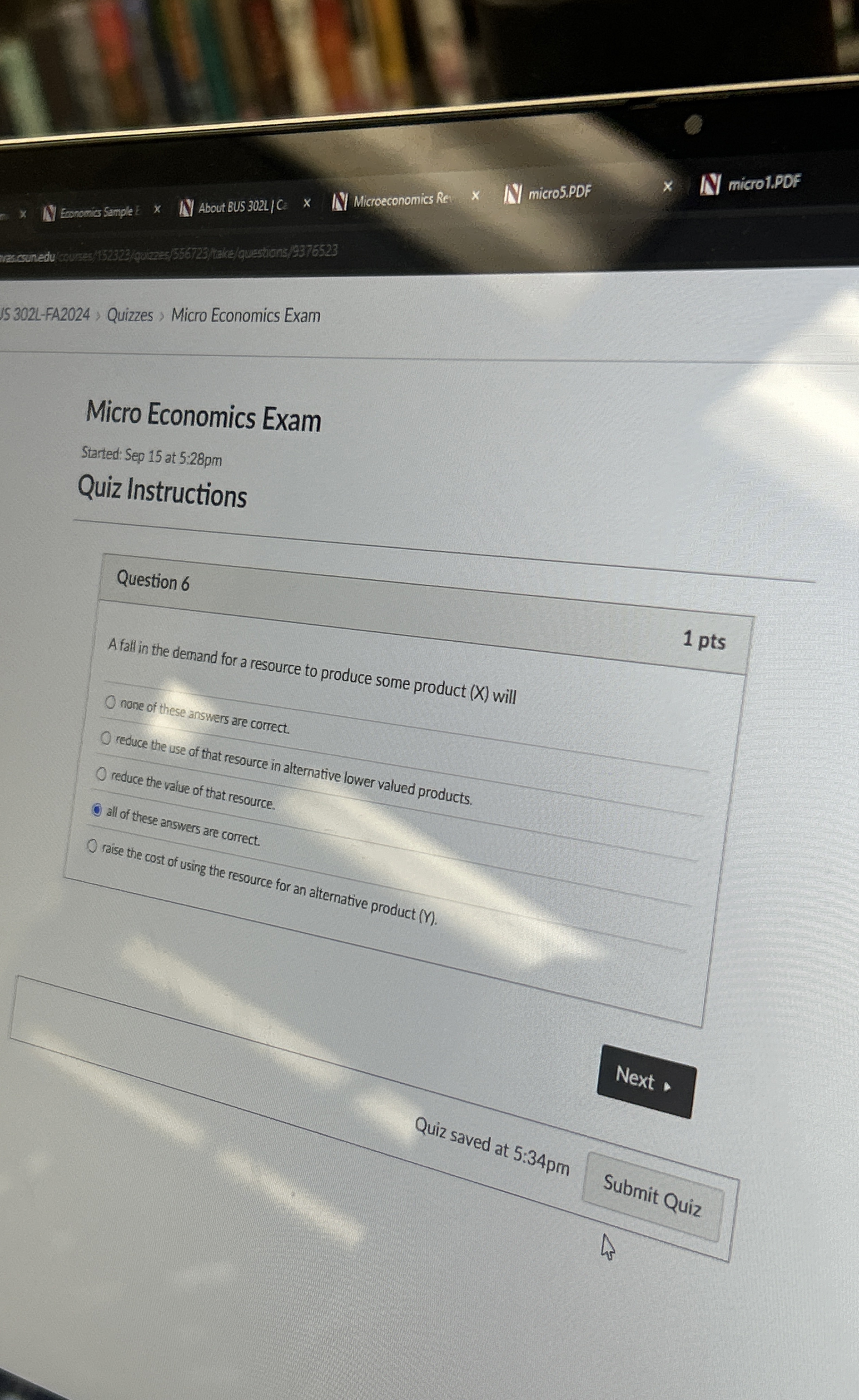  Question 6 A fall in the demand for a resource to