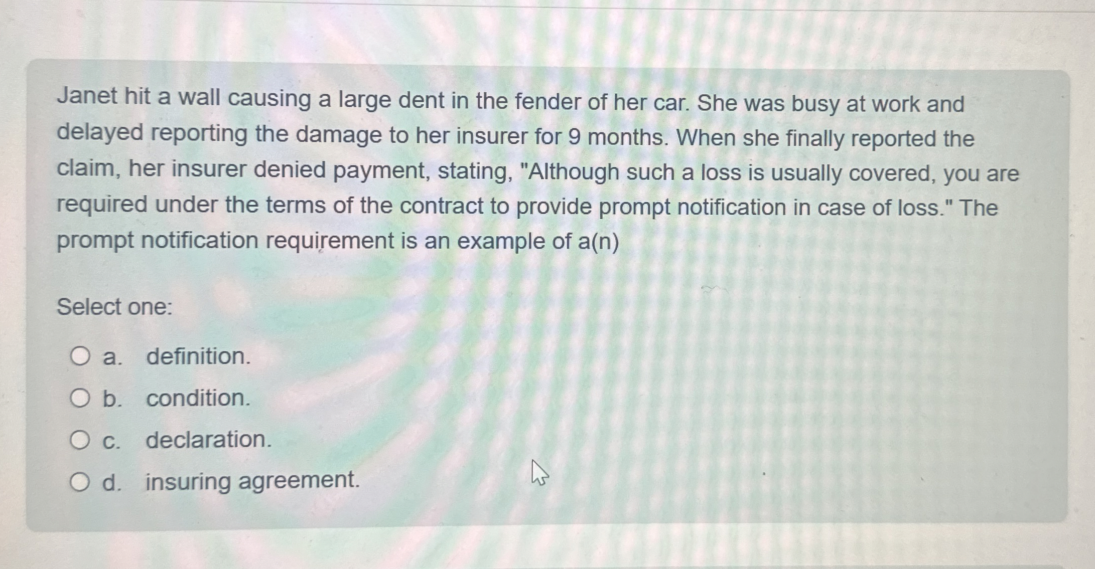  Janet hit a wall causing a large dent in the fender