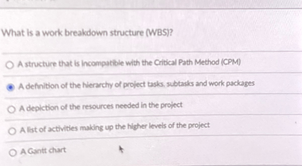  What is a work breakdown structure (WBS)? A structure that is