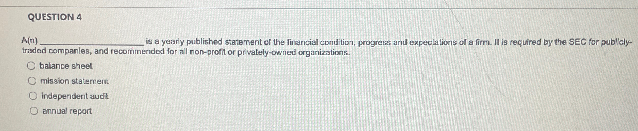  QUESTION 4 A(n) is a yearly published statement of the financial