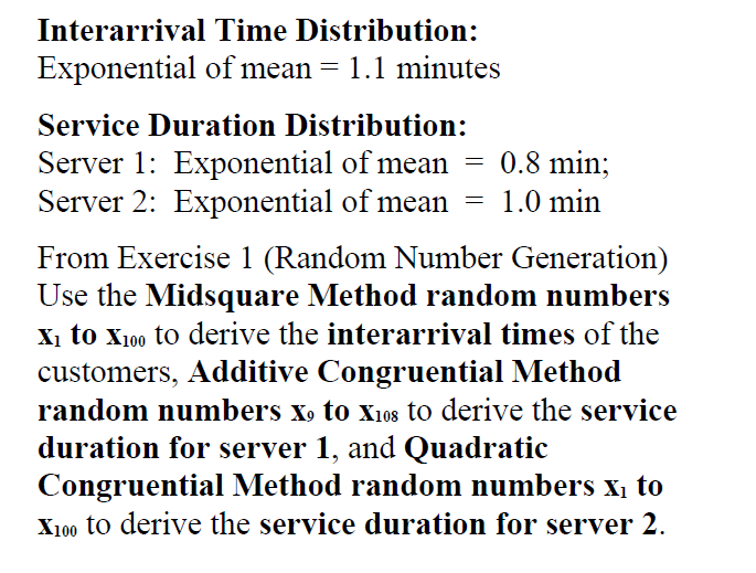  Interarrival Time Distribution: Exponential of mean =1.1 minutes Service Duration Distribution:
