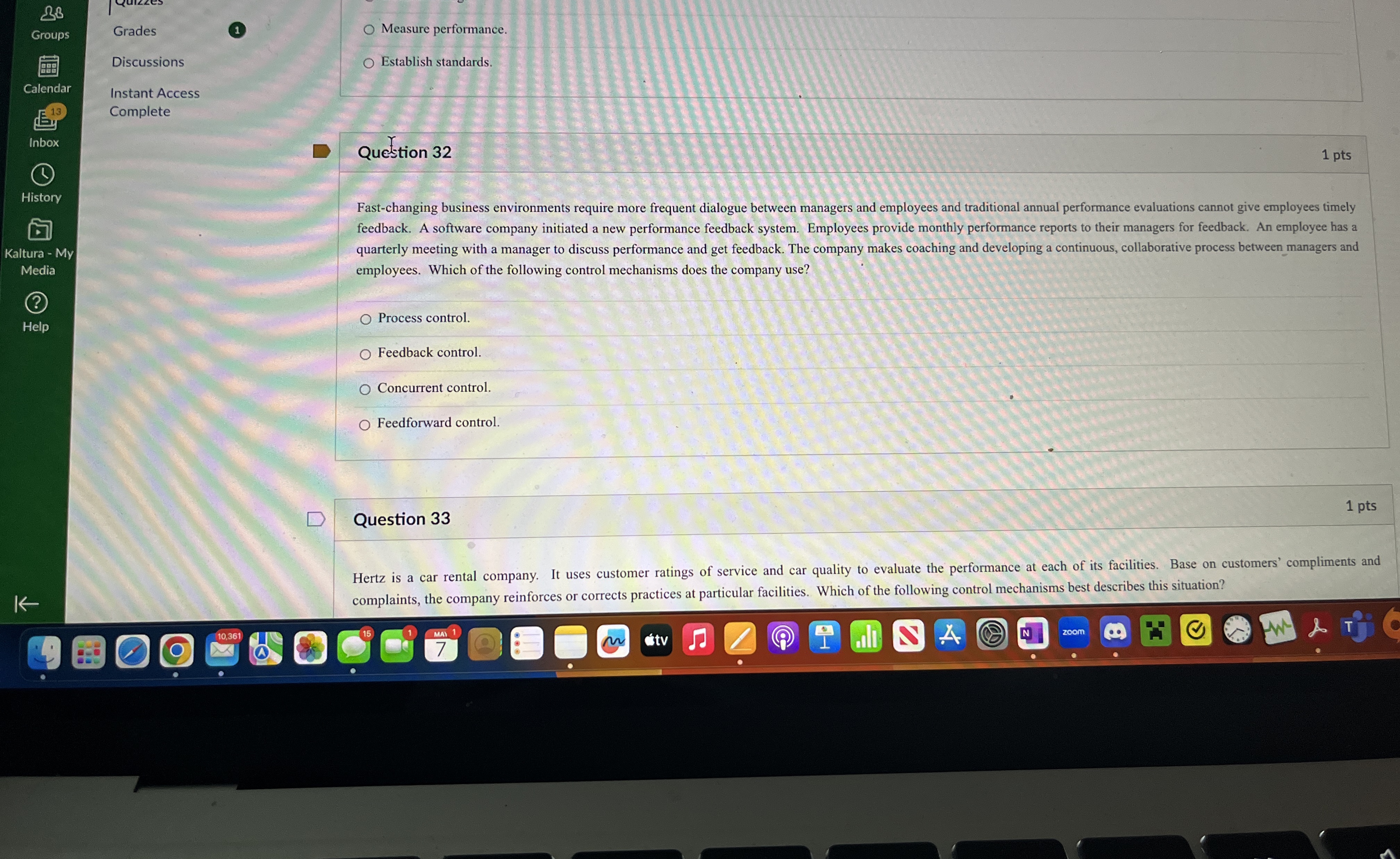  Grades (1. Measure performance. Discussions Establish standards Instant Access Complete Question