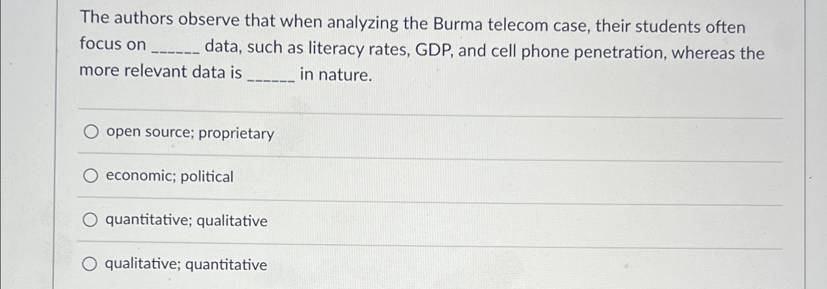  The authors observe that when analyzing the Burma telecom case, their
