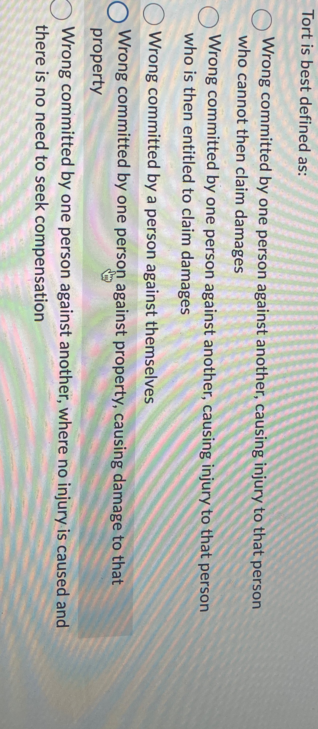  Tort is best defined as: Wrong committed by one person against