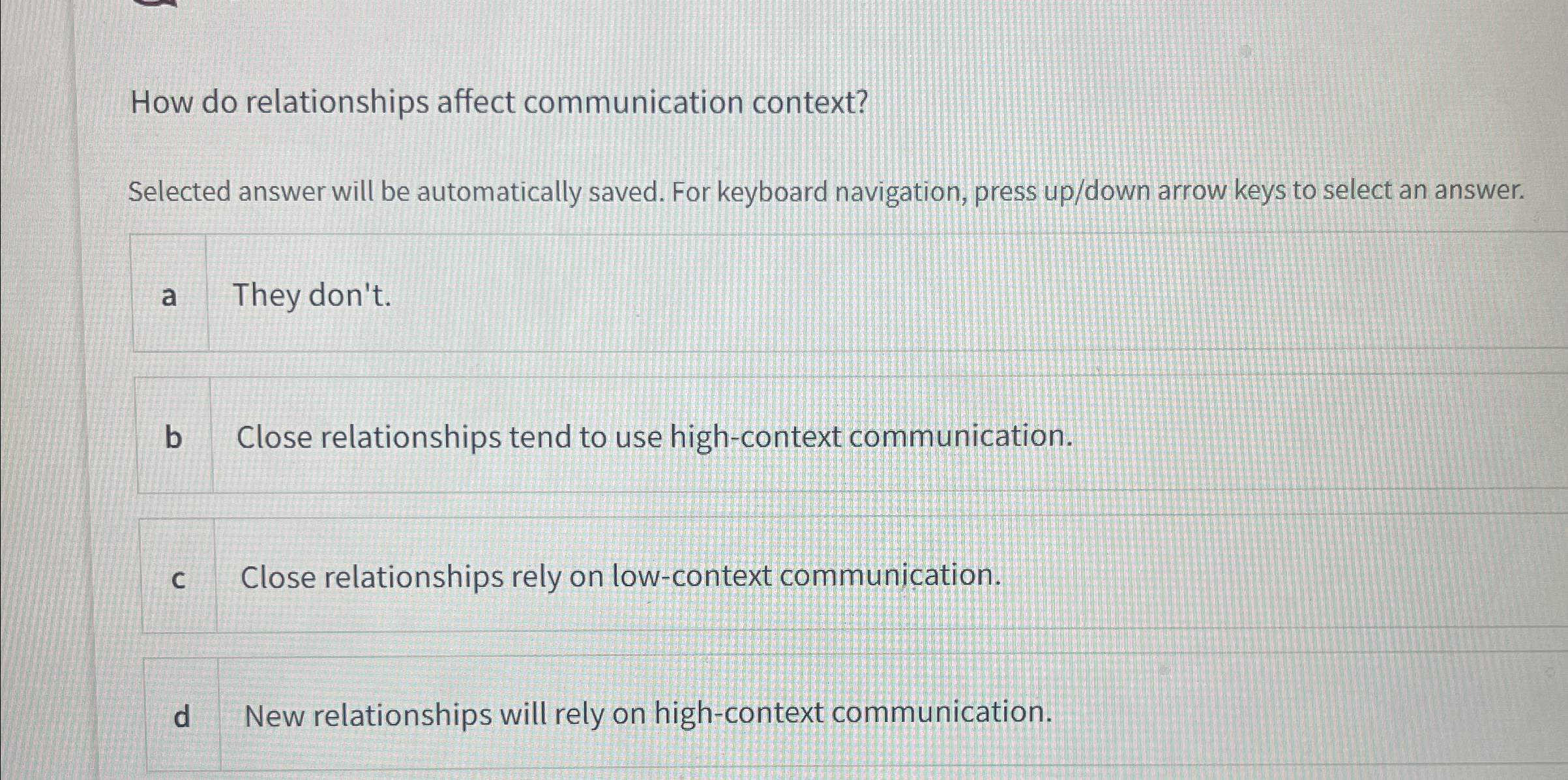  How do relationships affect communication context? Selected answer will be automatically