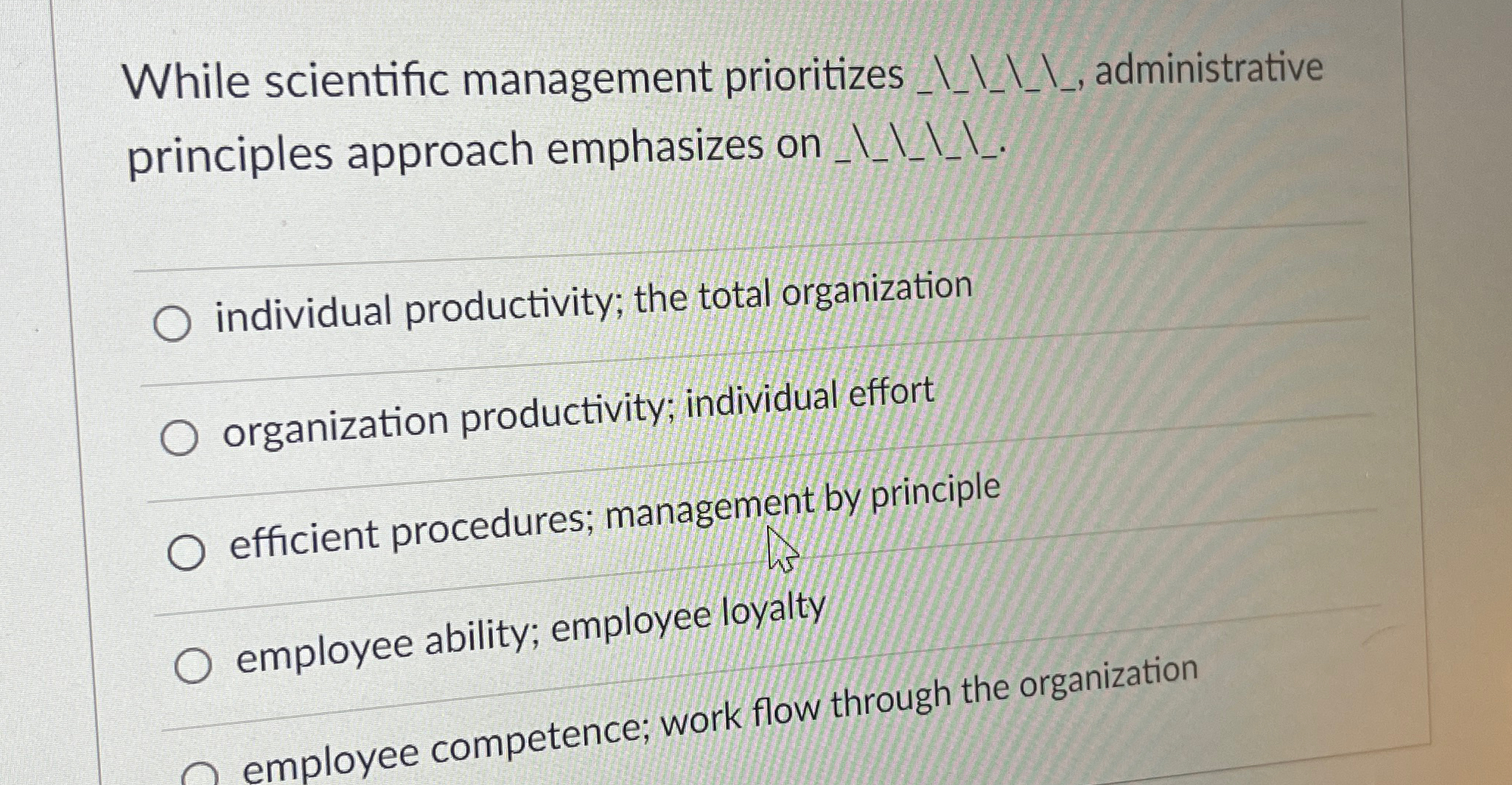  principles approach emphasizes on _____. individual productivity; the total organization organization