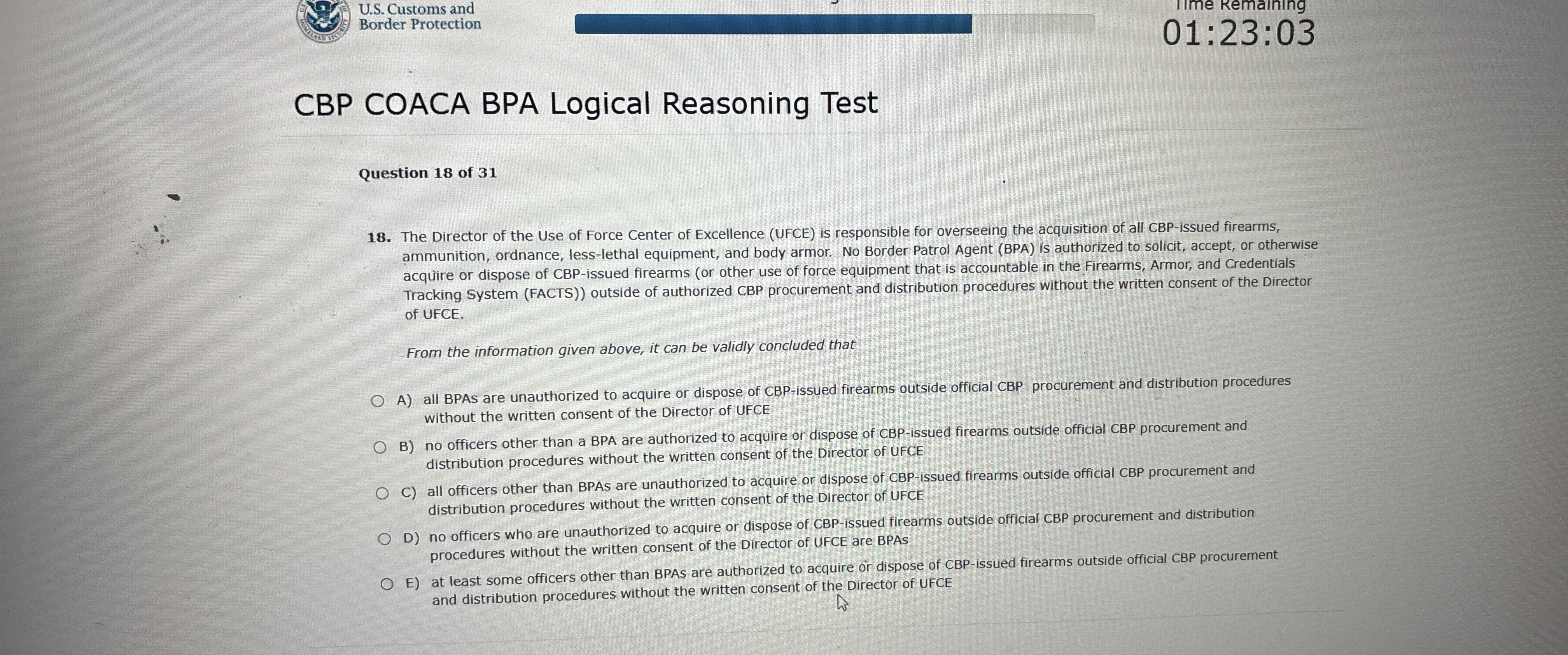  U.S. Customs and Border Protection CBP COACA BPA Logical Reasoning Test